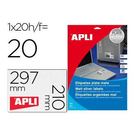 Etiqueta adhesiva marca Apli 10071 metalizada 210x297 mm caja 20 hojas con 20