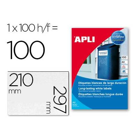 Etiquetas adhesivas marca Apli 12121 tamaño 210x297 mm poliéster impresión laser