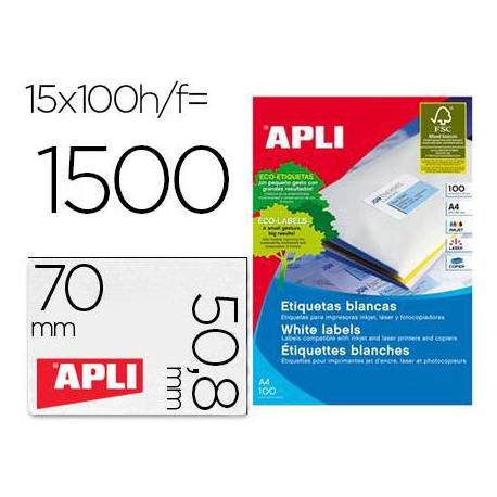 Etiquetas marca Apli para impresoras Inkjet, Láser y Fotocopiadoras 70x50,8 mm caja 100 hojas A4