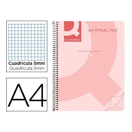 Cuaderno espiral Q-Connect Din A4 micro tapa plastico 80h 70g cuadro 5mm sin bandas 4 taladros rosa