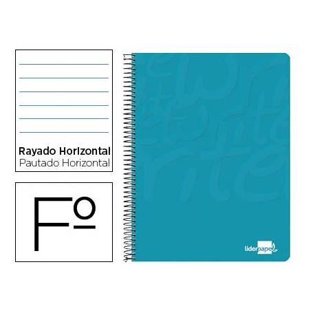Cuaderno espiral liderpapel write folio tapa blanda 80h 60gr rayado horizontal con margen color turquesa