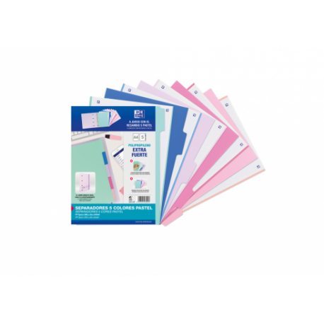 SEPARADORES DE PLASTICO OXFORD POLIPROPILENO 500 MC COLORES PASTEL JUEGO DE 5 SEPARADORES