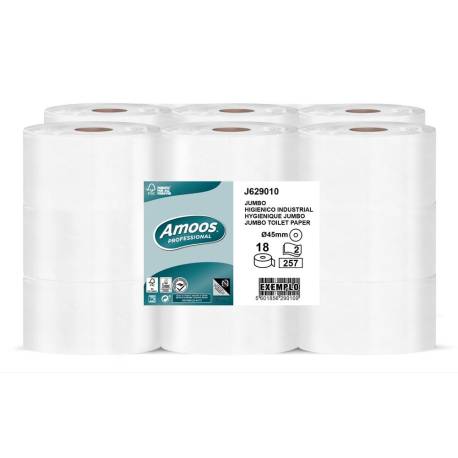 PAPEL HIGIENICO AMOOS JUMBO INDUSTRIAL 2 CAPAS 30G/M2 PAQUETE DE 18 ROLLOS