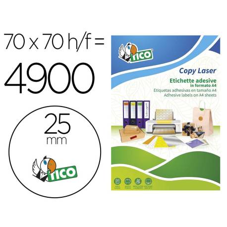 ETIQUETA ADHESIVA TICO NARANJA FLUOR PERMANENTE FSC LASER/ INKJET/FOTOCOPIA REDONDA 25 MM CAJA DE 4900 UNIDADES