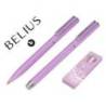 JUEGO BOLIGRAFO Y ROLLER BELIUS ENDLESS SUMMER ALUMINIO COLOR MORADO Y PLATEADO TINTA AZUL CAJA DE DISEÑO