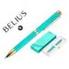 BOLIGRAFO BELIUS AQUA ALUMINIO COLOR TURQUESA Y DORADO TINTA AZUL CAJA DE DISEÑO
