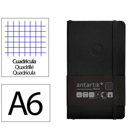 CUADERNO CON GOMILLA ANTARTIK NOTES TAPA BLANDA A6 CUADRICULA NEGRO 100 HOJAS 80 GR FSC