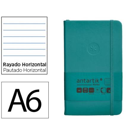 CUADERNO CON GOMILLA ANTARTIK NOTES TAPA DURA A6 HOJAS RAYAS VERDE AGUAMARINA 100 HOJAS 80 GR FSC
