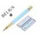 BOLIGRAFO BELIUS MACARON BLISS FORMA HEXAGONAL COLOR CELESTE Y DORADO TINTA AZUL CAJA DE DISEÑO