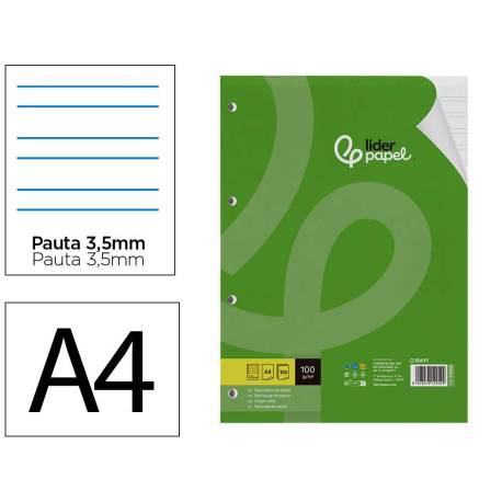 RECAMBIO LIDERPAPEL A4 100 HOJAS 100G/M2 PAUTA 4 3,5MM CON MARGEN 4 TALADROS
