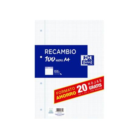 RECAMBIO OXFORD DIN A4 80+20 HOJAS GRATIS 90 GR CUADRO 4 MM 4 TALADROS