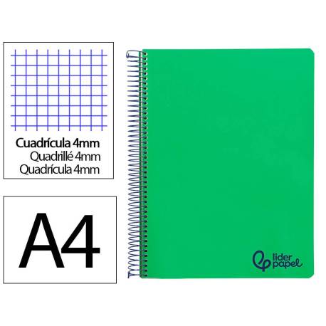 CUADERNO ESPIRAL LIDERPAPEL A4 WONDER TAPA PLASTICO 80H 90GR CUADRO 4MM CON MARGEN COLOR VERDE OSCURO