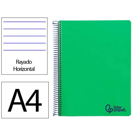 CUADERNO ESPIRAL LIDERPAPEL A4 WONDER TAPA PLASTICO 80H 90GR RAYADO HORIZONTAL CON MARGEN COLOR VERDE OSCURO
