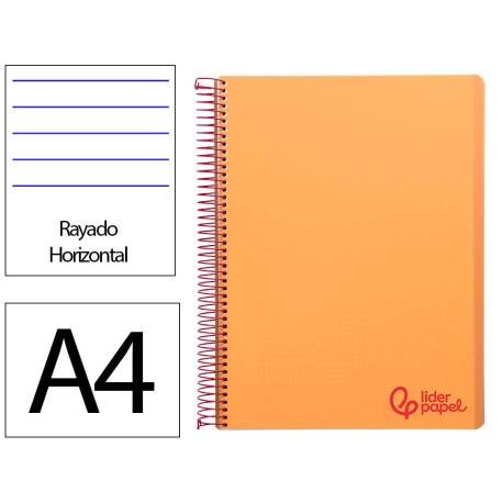 CUADERNO ESPIRAL LIDERPAPEL A4 WONDER TAPA PLASTICO 80H 90GR RAYADO HORIZONTAL CON MARGEN COLOR NARANJA