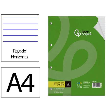 RECAMBIO LIDERPAPEL DIN A4 100 HOJAS 75 GR HORIZONTAL CON MARGEN 4 TALADROS