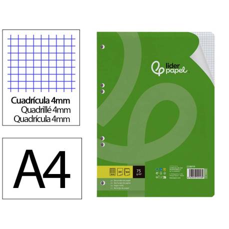 RECAMBIO LIDERPAPEL DIN A4 100 HOJAS 75 GR CUADRO 4 MM CON MARGEN 16 TALADROS