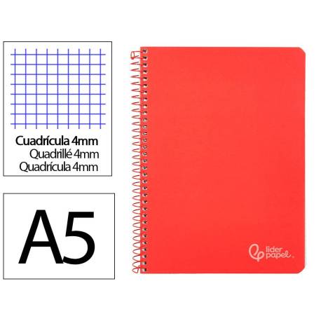 CUADERNO ESPIRAL LIDERPAPEL DIN A5 WITTY TAPA DURA 80H 90GR CUADRO 4MM CON MARGEN COLOR ROJO