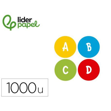 GOMETS LIDERPAPEL AUTOADHESIVO S REDONDO ABECEDARIO 20 MM COLORES SURTIDOS ROLLO DE 1000 UNIDADES EN CAJA DE CARTON