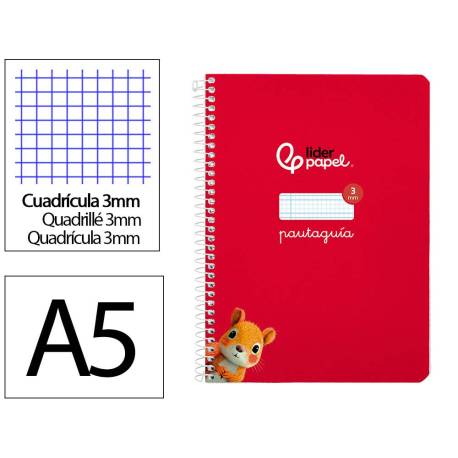 CUADERNO ESPIRAL LIDERPAPEL DI N A5 PAUTAGUIA TAPA BLANDA 40H 75 GR CUADRO PAUTADO 3MM COLOR ROJO