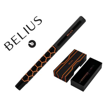 BOLIGRAFO BELIUS LEGACY ALUMINIO DISEÑO HEXAGONO NARANJA CUERPO NEGRO TINTA COLOR AZUL CAJA DE DISEÑO