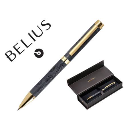 BOLIGRAFO BELIUS WILD WEST ALUMINIO COLOR NEGRO DORADO TINTA COLOR AZUL CAJA DE DISEÑO