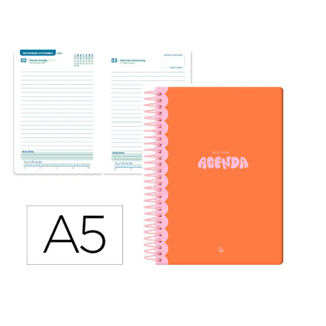 AGENDA ESCOLAR LIDERPAPEL 25-26 ESPIRAL CLASSIC NARANJA DIA PAGINA A5 BILINGÜE PAPEL FSC 70 GR