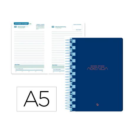 AGENDA ESCOLAR LIDERPAPEL 25-26 ESPIRAL CLASSIC AZUL OSCURO DIA PAGINA A5 BILINGÜE PAPEL FSC 70 GR