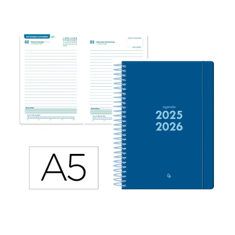 AGENDA ESCOLAR LIDERPAPEL 25-26 ESPIRAL BASIC AZUL OSCURO DIA PAGINA A5 BILINGÜE PAPEL FSC 70 GR