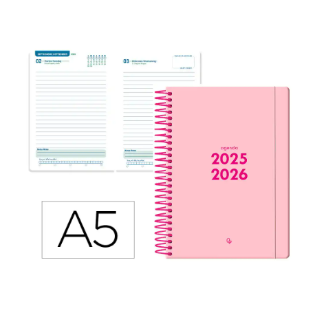 AGENDA ESCOLAR LIDERPAPEL 25-26 ESPIRAL BASIC ROSA DIA PAGINA A5 BILINGÜE PAPEL FSC 70 GR