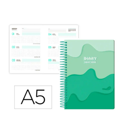 AGENDA ESCOLAR LIDERPAPEL 25-26 ESPIRAL MELTING VERDE SEMANA VISTA A5 BILINGÜE PAPEL FSC 80 GR