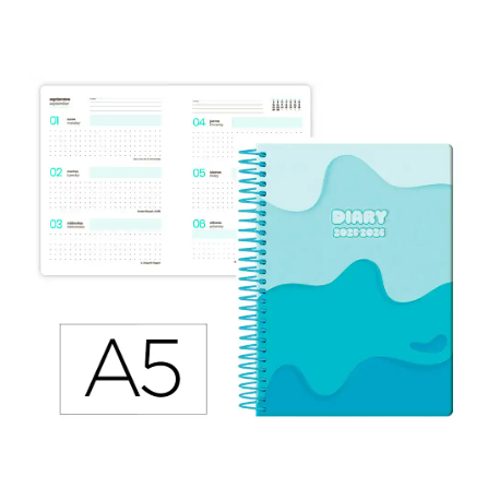AGENDA ESCOLAR LIDERPAPEL 25-26 ESPIRAL MELTING AZUL SEMANA VISTA A5 BILINGÜE PAPEL FSC 80 GR