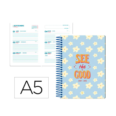 AGENDA ESCOLAR LIDERPAPEL 25-26 ESPIRAL PETITE FLORES SEMANA VISTA A5 BILINGÜE PAPEL FSC 80 GR