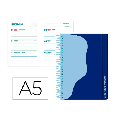 AGENDA ESCOLAR LIDERPAPEL 25-26 ESPIRAL WAVES AZUL OSCU RO SEMANA VISTA A5 BILINGÜE PAPEL FSC 80 GR