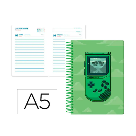 AGENDA ESCOLAR LIDERPAPEL 25-26 ESPIRAL GAME ON VERDE DIA PAGINA A5 BILINGÜE PAPEL FSC 80 GR