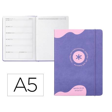 AGENDA ESCOLAR ANTARTIK 25-26 ENCUADERNADA GO! SIMIL PIEL MORADO SEMANA VISTA A5 BILINGÜE PAPEL FSC 80 GR