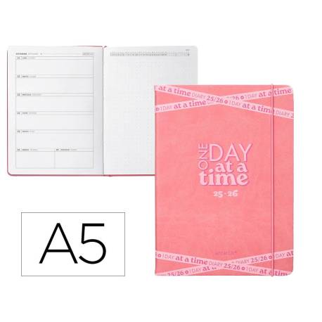 AGENDA ESCOLAR ANTARTIK 25-26 ENCUADERNADA GO! SIMIL PIEL ROSA SEMANA VISTA A5 BILINGÜE PAPEL FSC 80 GR