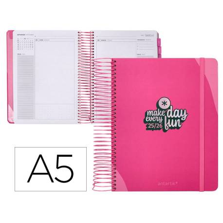 AGENDA ESCOLAR ANTARTIK 25-26 ESPIRAL FUN DAY FUCSIA DIA PAGINA A5 BILINGÜE PAPEL FSC 80 GR