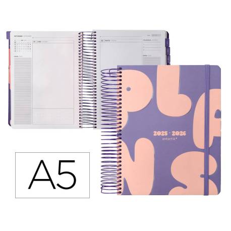 AGENDA ESCOLAR ANTARTIK 25-26 ESPIRAL PLANS MORADO DIA PAGINA A5 BILINGÜE PAPEL FSC 80 GR