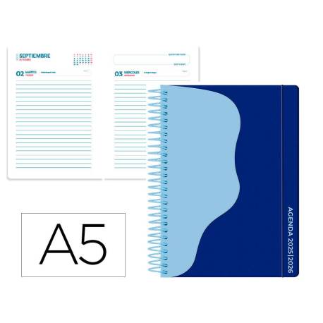 AGENDA ESCOLAR LIDERPAPEL 25-26 ESPIRAL WAVES AZUL OSCURO DIA PAGINA A5 BILINGÜE PAPEL FSC 80 GR