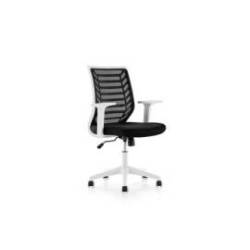 SILLA ROCADA DE OFICINA BRAZOS REGULABLES ESTRUCTURA BLANCA RESPALDO MALLA Y ASIENTO TELA IGNIFUGA AZUL