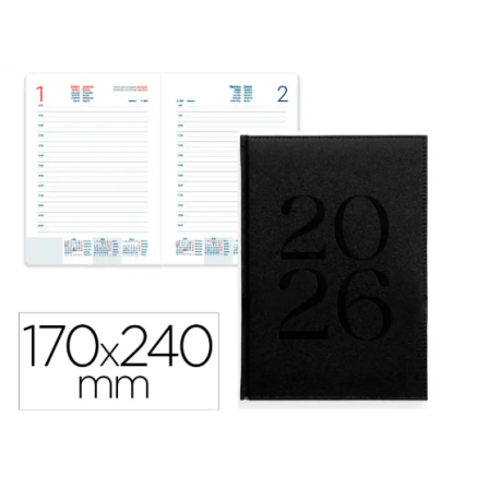 AGENDA ENCUADERNADA LIDERPAPEL CRETA 170X240 MM 2026 DIA PAGINA NEGRO PAPEL 70 GR