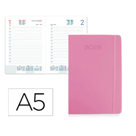 AGENDA ENCUADERNADA LIDERPAPEL MYKONOS 150X210 MM 2026 DIA PAGINA ROSA PAPEL 70 GR FSC