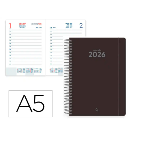 AGENDA ESPIRAL LIDERPAPEL CLASSIC A5 2026 DIA PAGINA NEGRO PAPEL 70 GR FSC