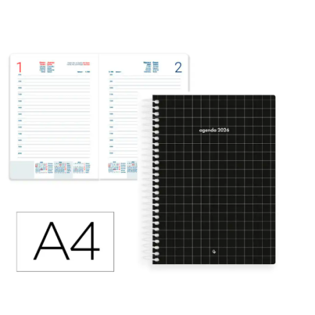 AGENDA ESPIRAL LIDERPAPEL GAZI A4 2026 DIA PAGINA NEGRO PAPEL 70 GR FAC