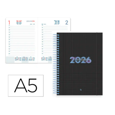 AGENDA ESPIRAL LIDERPAPEL KIMOLOS A5 2026 DIA PAGINA FOCUS PAPEL 70 GR FSC
