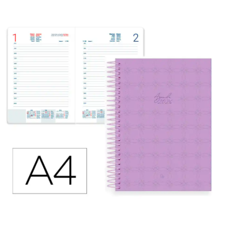 AGENDA ESPIRAL LIDERPAPEL PERISSA A4 2026 DIA PAGINA MORADO PAPEL 80 GR FSC