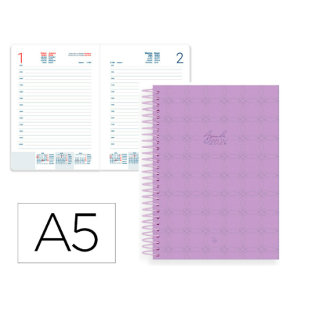 AGENDA ESPIRAL LIDERPAPEL PERISSA A5 2026 DIA PAGINA MORADO PAPEL 80 GR FSC