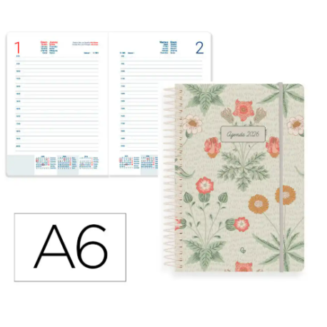 AGENDA ESPIRAL LIDERPAPEL SANTORINI A6 2026 DIA PAGINA CREMA 2 PAPEL 60 GR FSC
