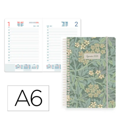 AGENDA ESPIRAL LIDERPAPEL SANTORINI A6 2026 DIA PAGINA VERDE PAPEL 60 GR FSC