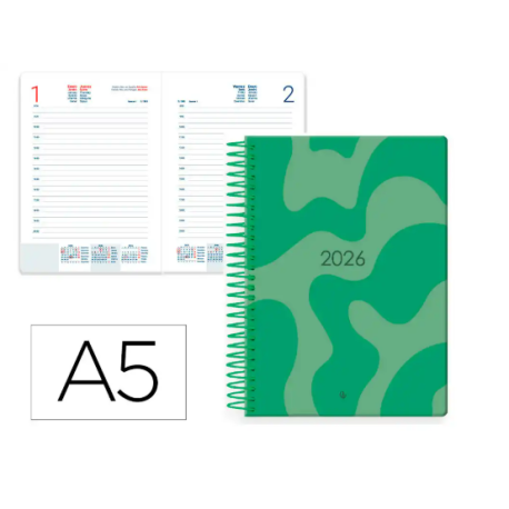 AGENDA ESPIRAL LIDERPAPEL SYROS 150X210 MM 2026 DIA PAGINA VERDE PAPEL 60GR FSC